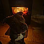 dog, fireplace, fire, warmth, cozy, indoor, pet, curious, animal, floor, tile, shadow, light, night, comfort, domestic, mammal, companion, portrait, quiet