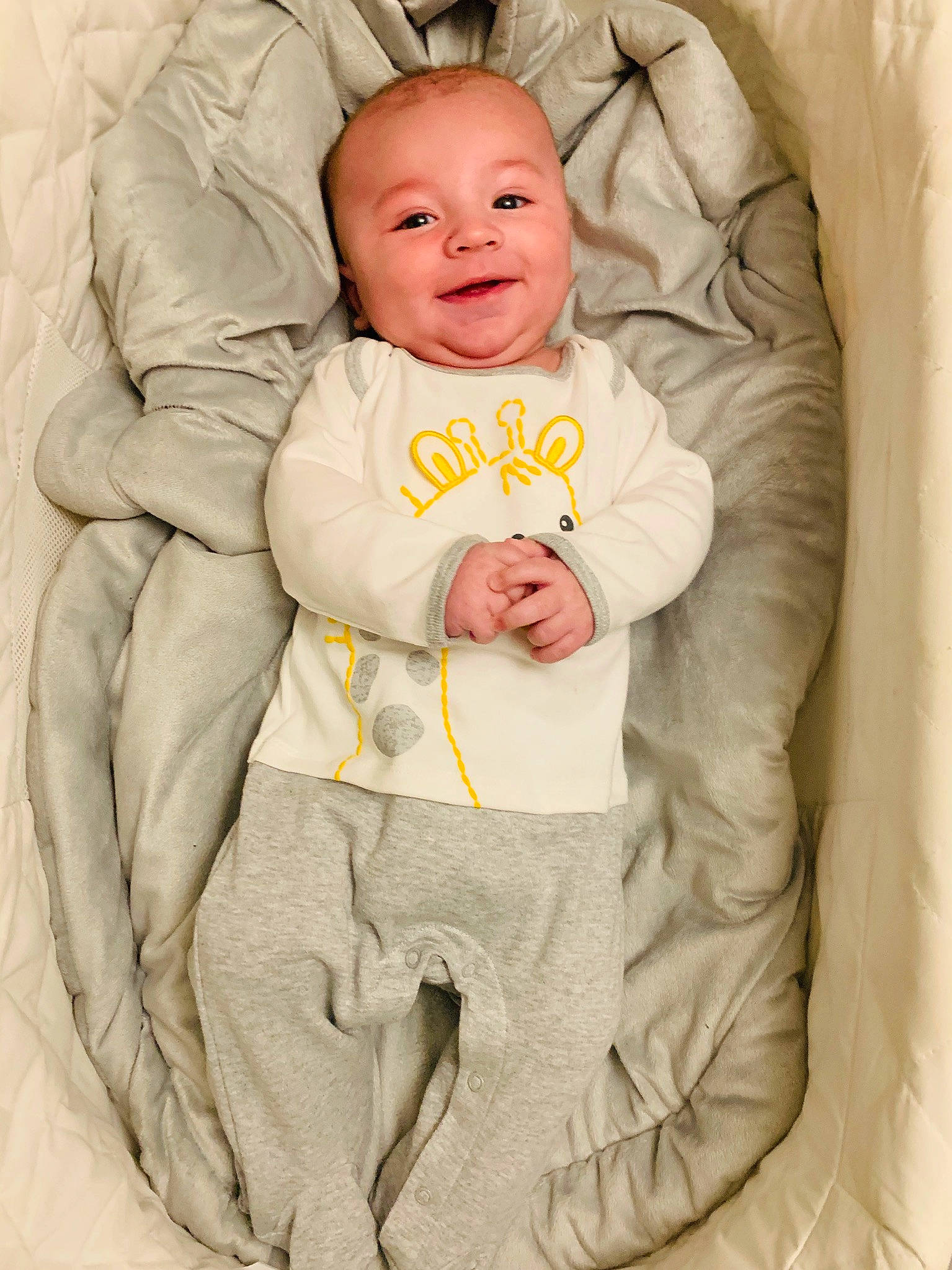 George joined the competition — help win amazing prizes! baby, baby_products, baby_sleeping, baby_toddler_clothing, beige, child, comfort, person, product, skin, sleeve, smile, toddler