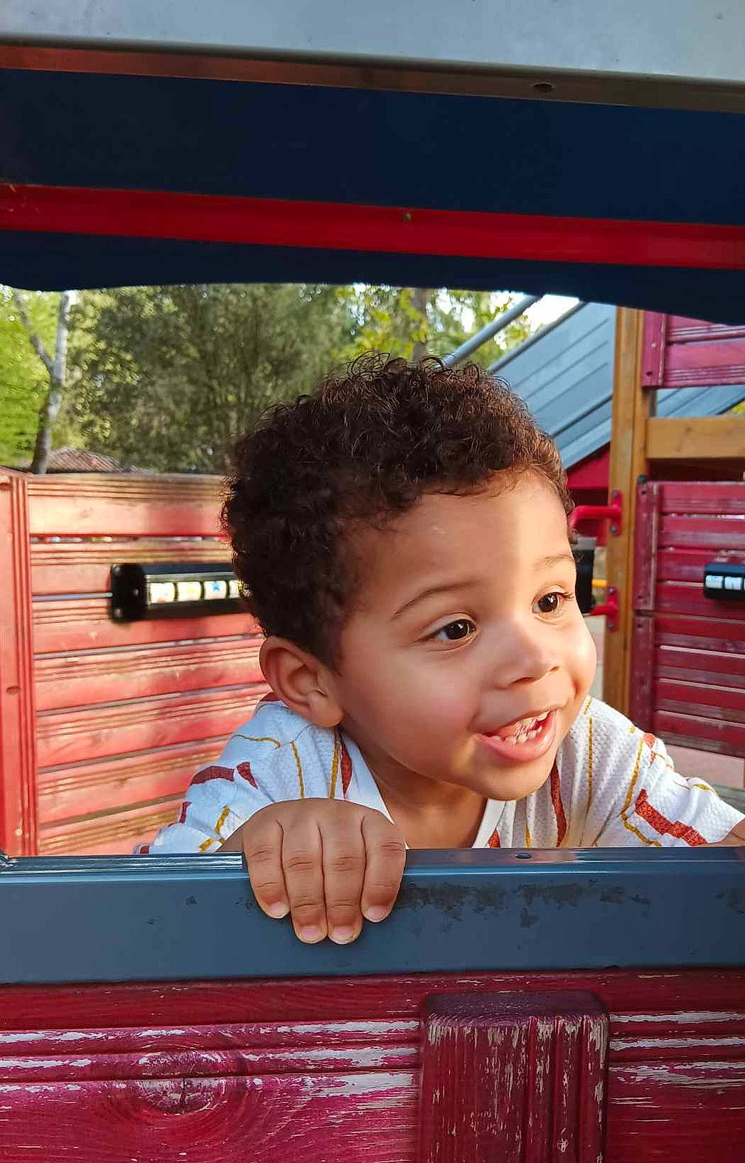 Dilson participe au concours pour gagner de l'argent avec cette photo : child, chin, city, fun, happy, leisure, motor_vehicle, nose, person, play, recreation, red, shade, sitting, smile, tints_and_shades, toddler, travel, tree, vacation