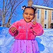 Ilaria joined the competition — help win amazing prizes! child, toddler, smiling, pink_jacket, skirt, snow, outdoor, winter, blue_sky, bare_trees, sneakers, hair_bows, happy, portrait, daylight, playful, fashion, cute, person, young_child