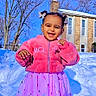 child, toddler, smiling, pink_jacket, skirt, snow, outdoor, winter, blue_sky, bare_trees, sneakers, hair_bows, happy, portrait, daylight, playful, fashion, cute, person, young_child