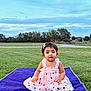 toddler, child, baby, pink_dress, hair_clip, purple_blanket, grass, outdoor, sky, trees, greenery, sitting, cute, portrait, nature, daylight, relaxed, curious, person, clothing