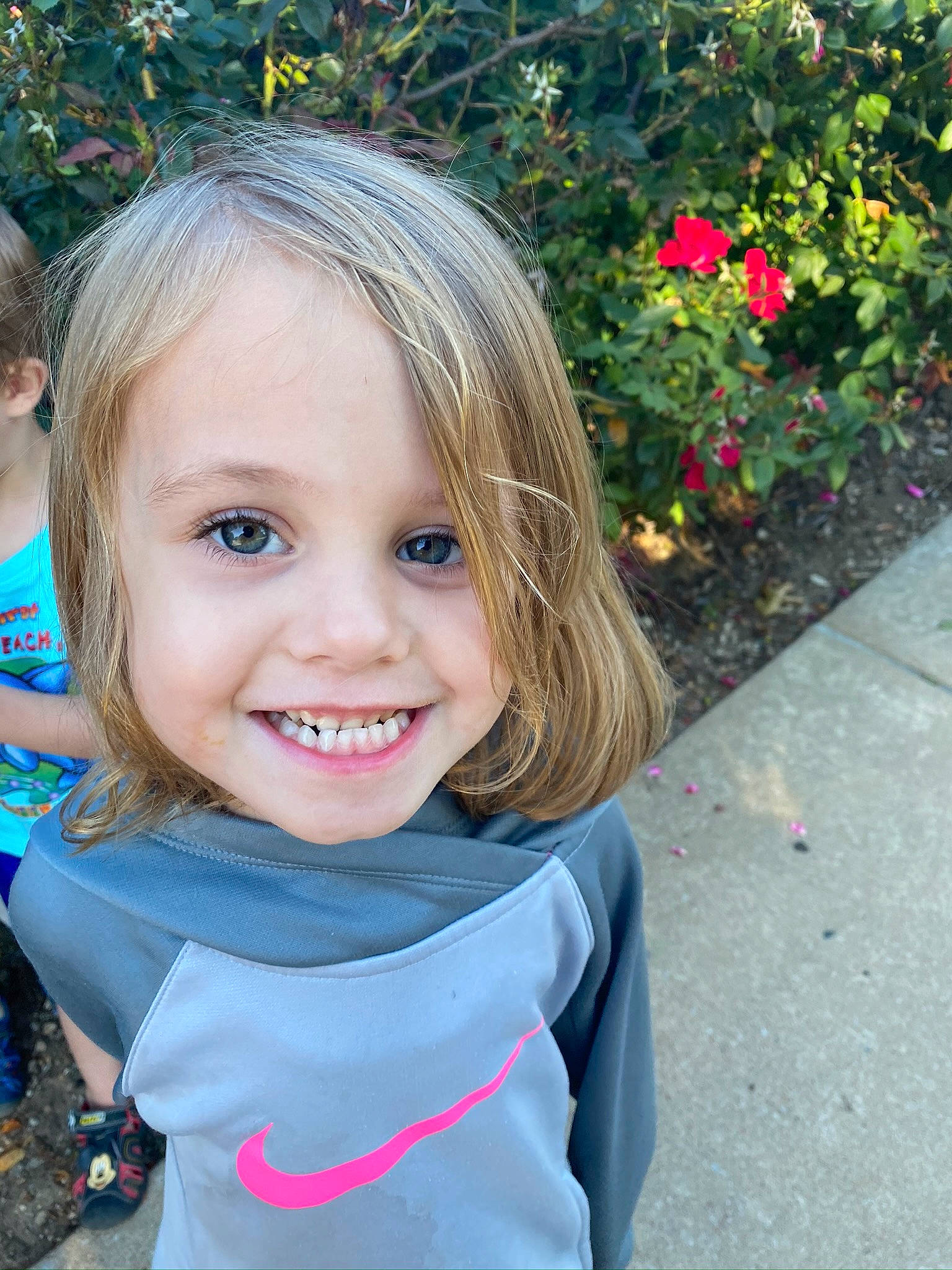 Johanna is registered to the contest to win money with this photo: annual_plant, baby_toddler_clothing, blond, child, child_model, garden, hair, happy, iris, joy, laugh, person, shrub, toddler, tooth