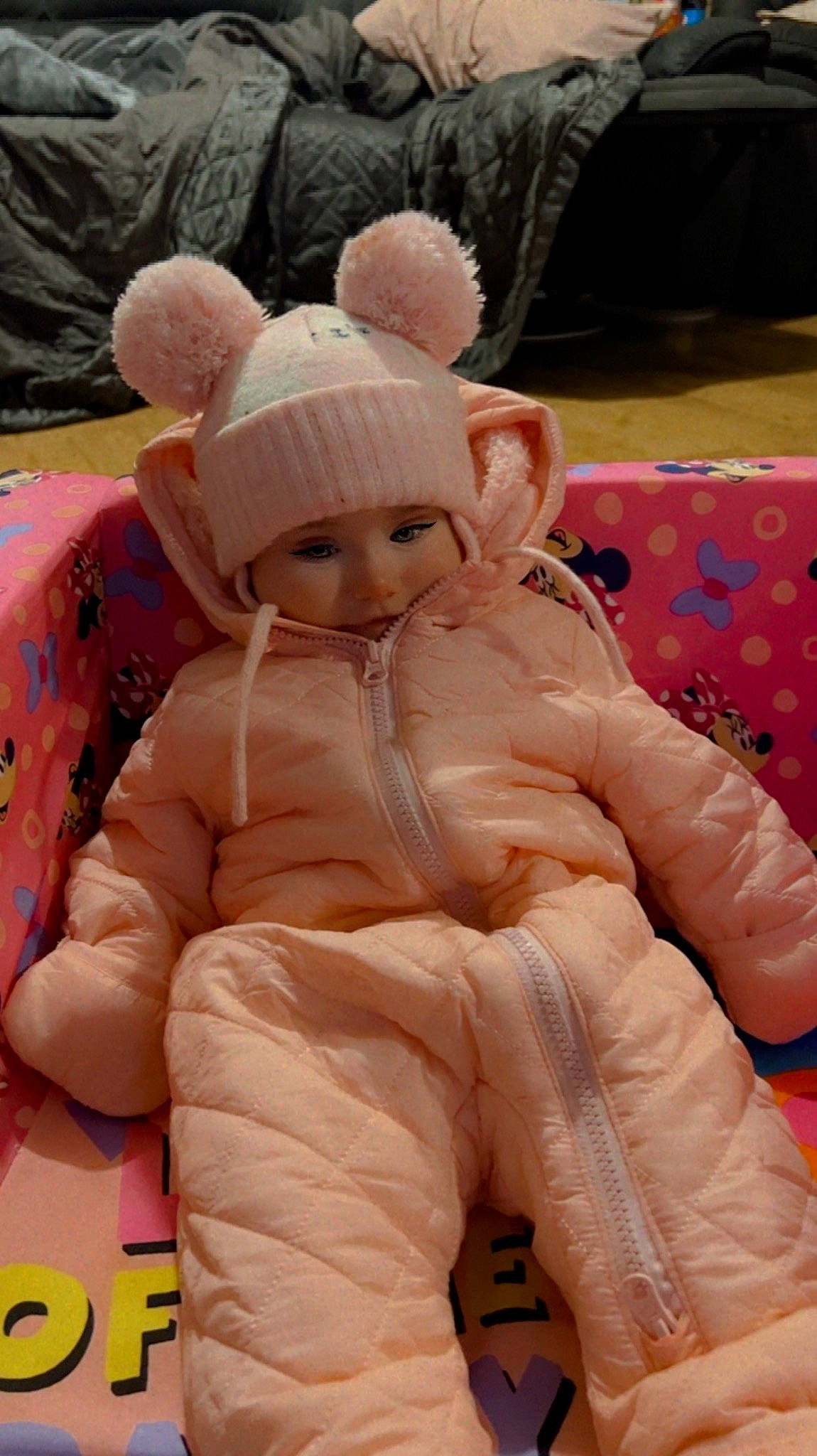Lainey joined the competition — help win amazing prizes! baby, cap, child, comfort, fun, fur, glasses, hat, headwear, linens, magenta, peach, person, pink, plush, sitting, smile, stuffed_toy, sunglasses, teddy_bear