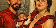 Lyamm participe au concours pour gagner de l'argent avec cette photo : family, baby, man, woman, glasses, tattoo, red_clothing, portrait, indoor, window, smile, holding, parent, child, love, togetherness, home, happy, beard, casual