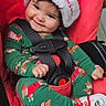 Ariela is registered to the contest to win money with this photo: baby, child, smile, santa_hat, christmas, holiday, car_seat, seatbelt, green_pajamas, reindeer_print, red_shoes, festive, indoors, cute, infant, happy, red_background, holiday_clothing, cozy, portrait