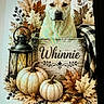 dog, portrait, autumn, fall, pumpkin, leaves, lantern, plaid_blanket, rustic, decor, seasonal, harvest, berries, wooden_sign, animal, pet, front_facing, ears, nose, indoor