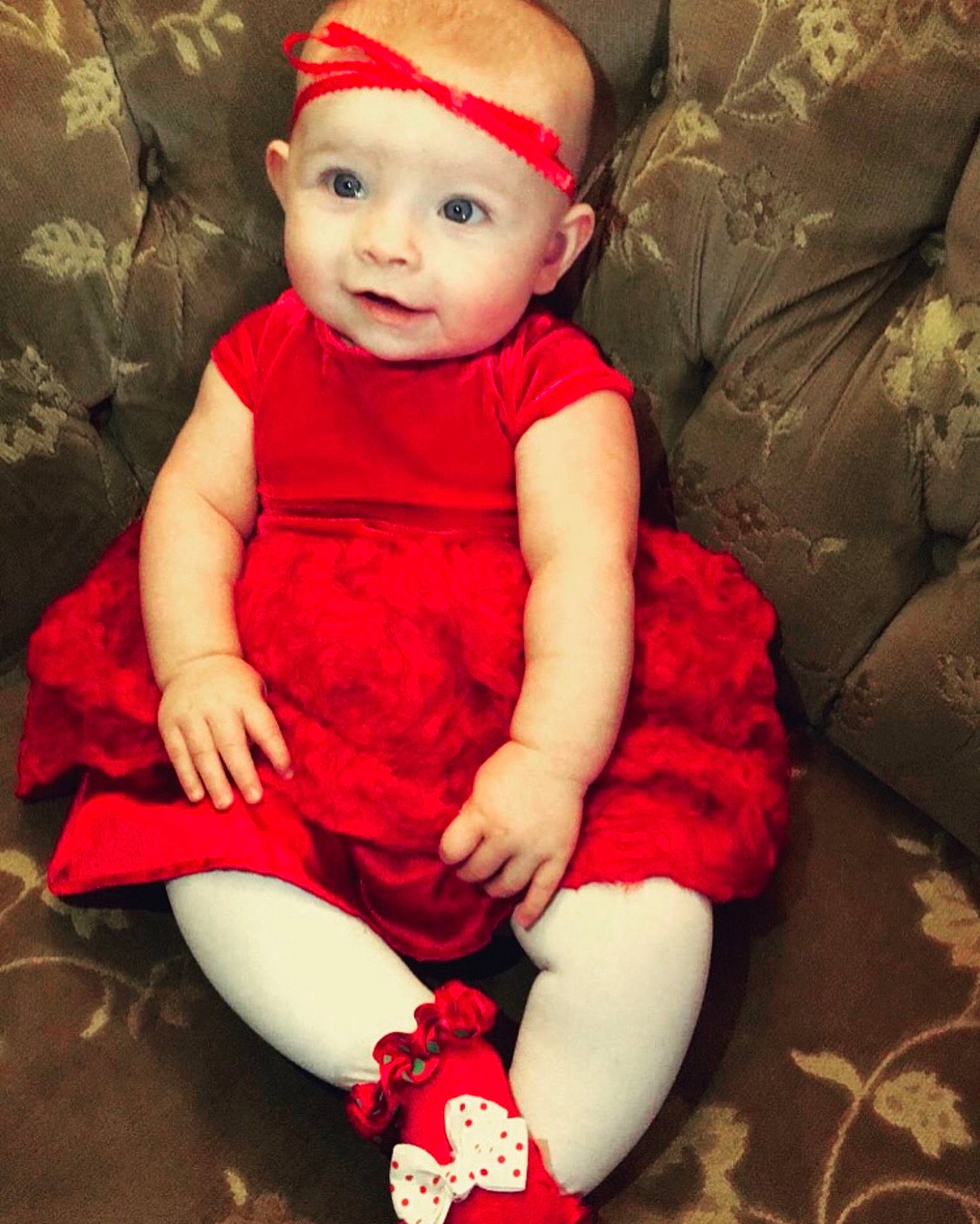 Dakotah is registered to the contest to win money with this photo: child, christmas, costume, girl, hair_accessory, headgear, headwear, human_hair_color, infant, joint, leg, person, product, red, skin, smile, textile, toddler