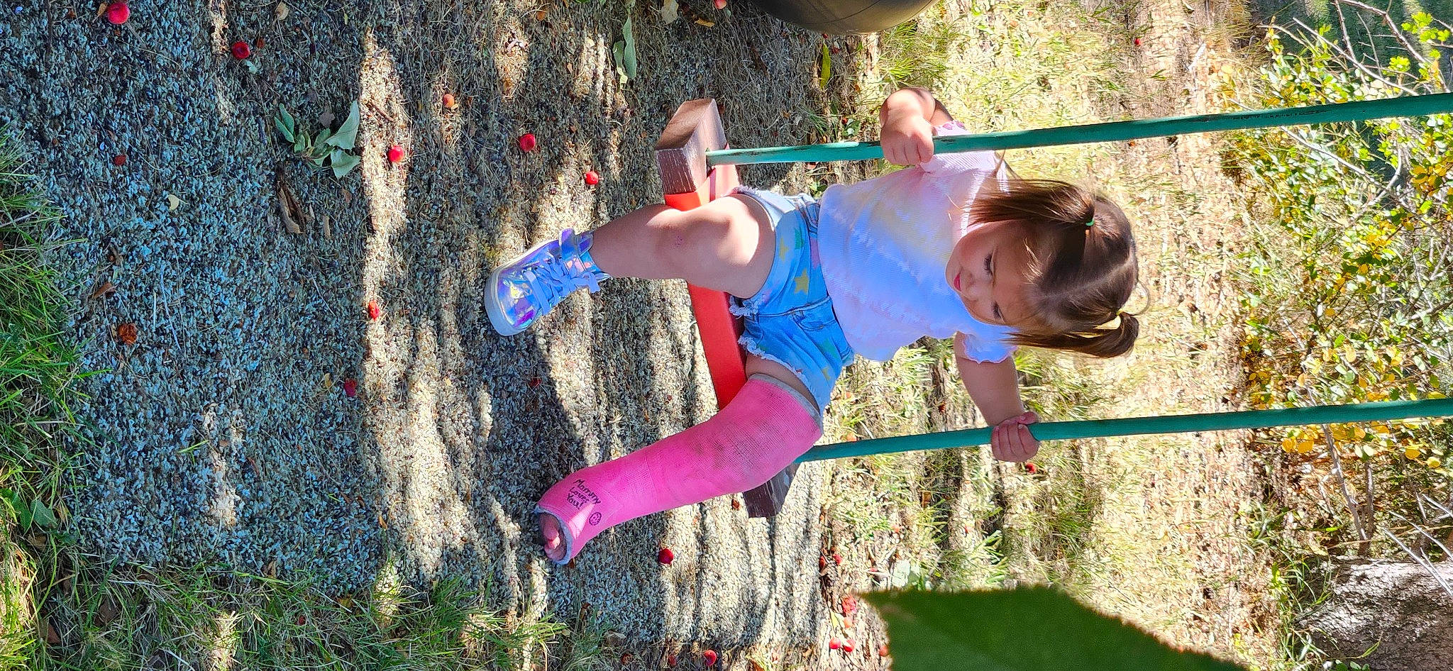 Bailey joined the competition — help win amazing prizes! adventure, child, electric_blue, fun, grass, happy, leisure, magenta, outdoor_play_equipment, people_in_nature, person, plant, play, playground, recreation, rope, shorts, soil, toddler, tree