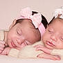 newborn, baby, sleeping, headband, pink, bow, twin, infant, soft, knitted, sweater, cute, peaceful, portrait, resting, face, hands, skin, closeup, studio