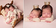 Ayda And Pera is registered to the contest to win money with this photo: newborn, twins, baby, sleeping, crown, knitwear, wooden_bed, blanket, pastel_background, cute, infant, portrait, soft_lighting, peaceful, child, resting, twin_babies, cozy, small_bed, adorable