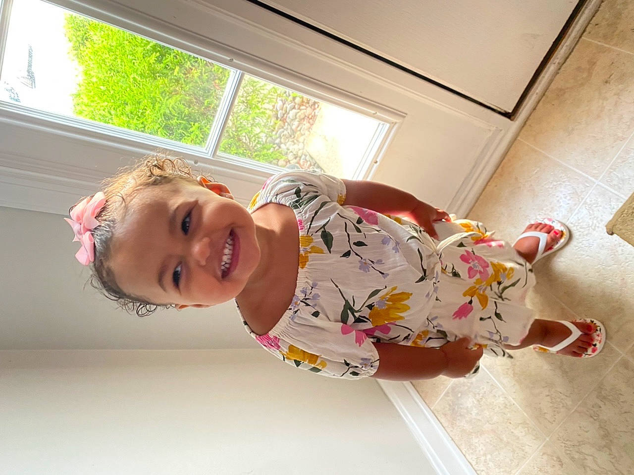 Amiya is registered to the contest to win money with this photo: baby, baby_laughing, baby_toddler_clothing, child, flooring, fun, happy, joy, laugh, leisure, magenta, pattern, person, plant, room, skin, sleeve, smile, t_shirt, toddler