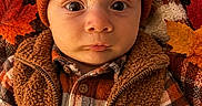 Liam is registered to the contest to win money with this photo: autumn, baby, beanie, child, clothing, cozy, eyes, face, fall, hat, indoors, jacket, leaves, photography, plaid, portrait, pumpkin, seasonal_decor, serious_expression, vest