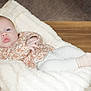 Alba participe au concours pour gagner de l'argent avec cette photo : baby, infant, blanket, floral_clothing, white_leggings, pink_socks, soft_texture, face, blue_eyes, indoor, wooden_floor, cute, small_hands, portrait, resting, child, young, cozy, comfort, curious