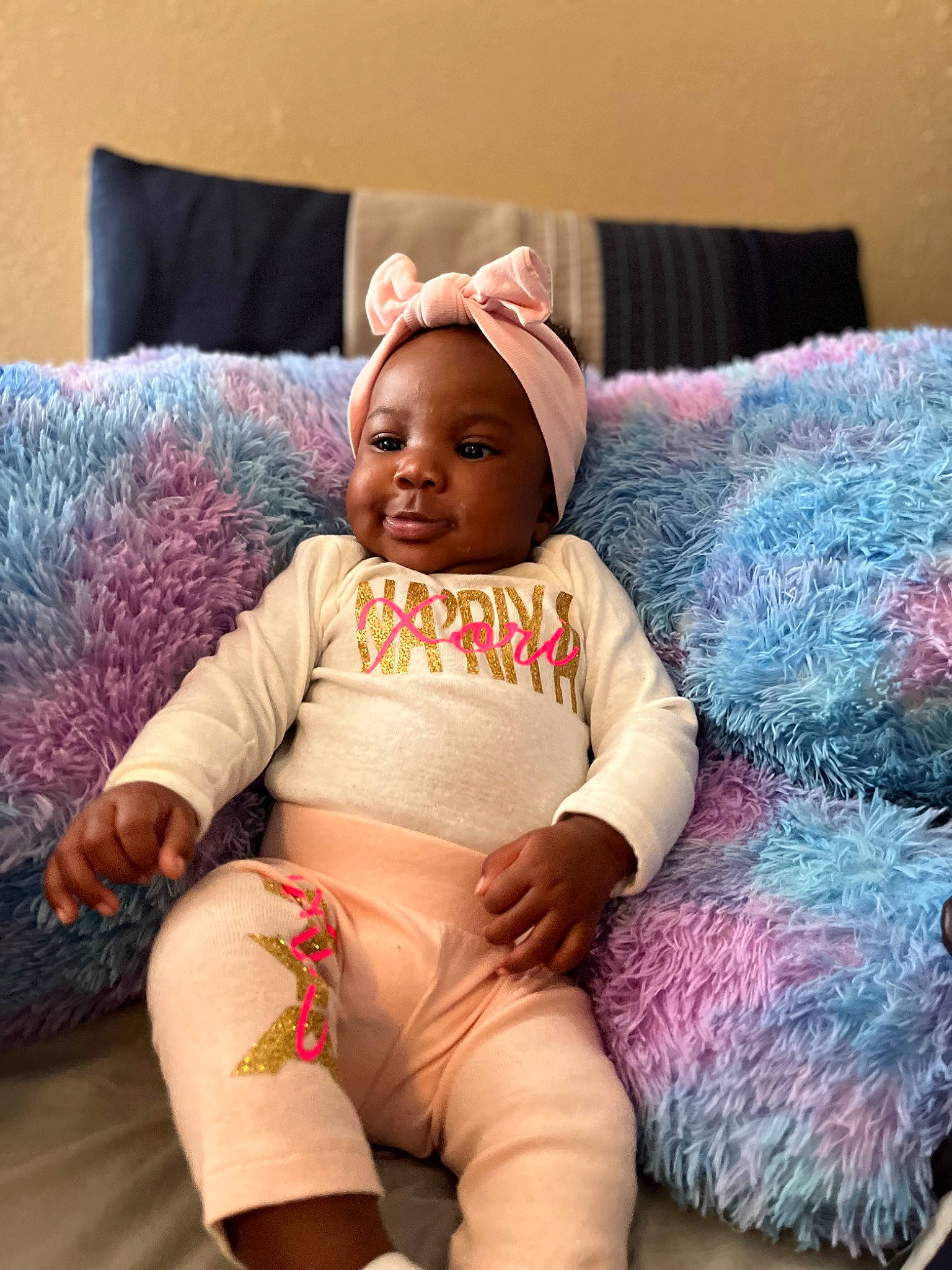 Xori joined the competition — help win amazing prizes! baby, baby_toddler_clothing, comfort, cool, couch, eye, face, hairstyle, happy, head, knee, magenta, person, pink, purple, skin, sleeve, smile, t_shirt, textile