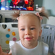 Alana joined the competition — help win amazing prizes! toddler, child, girl, pigtails, pink_bows, white_dress, smile, indoor, toys, television, furniture, play_area, face, person, cute, home, happy, young_child, room, background