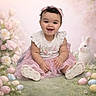 baby, child, girl, smiling, sitting, pink_dress, headband, easter_eggs, grass, flowers, white_bunny, spring, cute, happy, portrait, indoor, soft_lighting, holiday, celebration, tutu