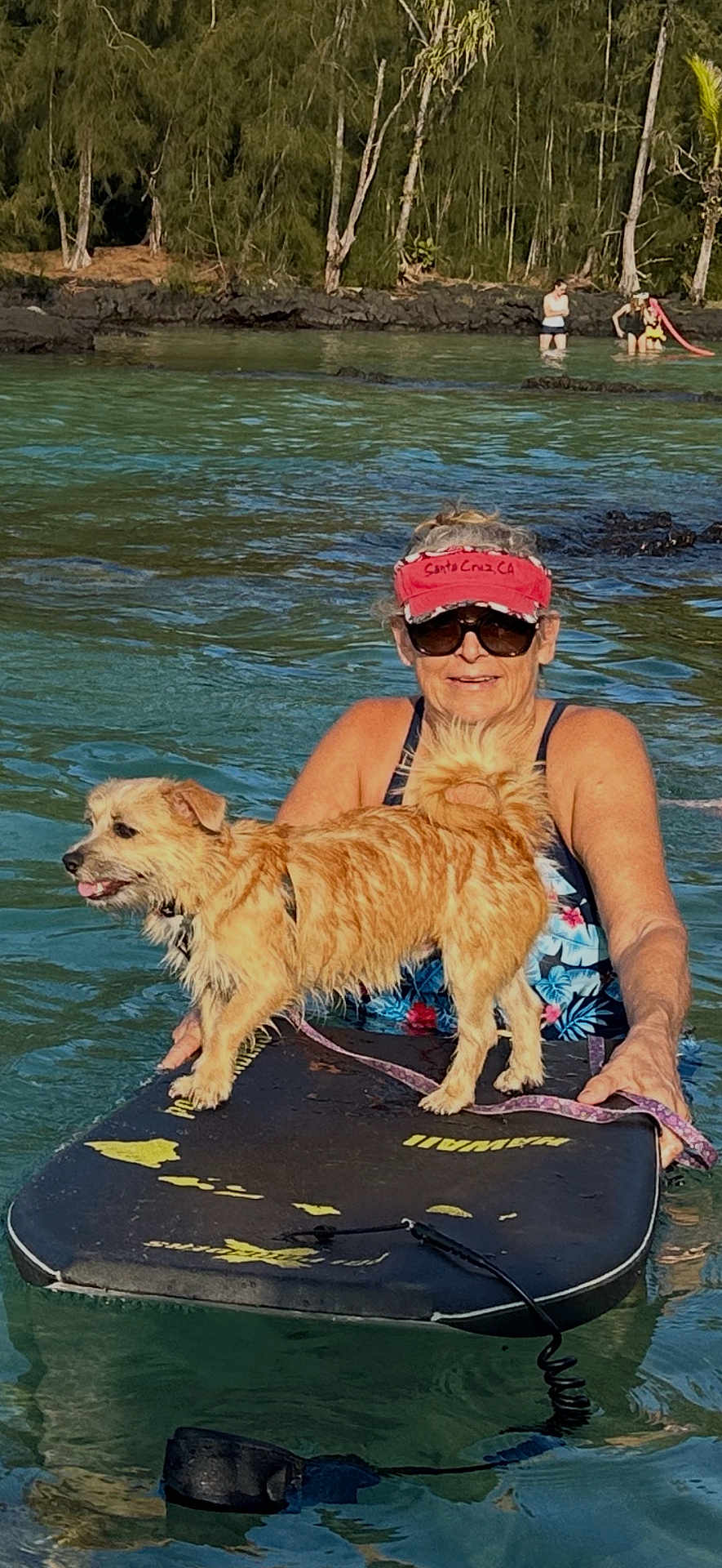 Nui joined the competition — help win amazing prizes! dog, woman, paddleboard, water, ocean, trees, beach, rocks, visors, sunglasses, swimsuit, leash, standing, smiling, background_people, waves, summer, outdoor, tropical, shore