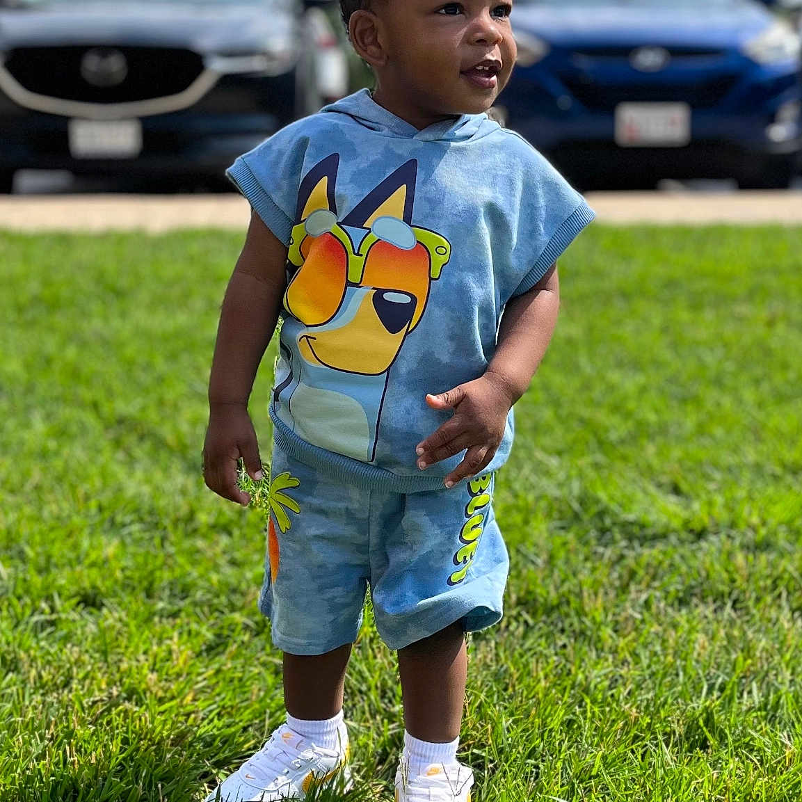 Cairo is registered to the contest to win money with this photo: background, casual_clothing, child, cute, daytime, grass, greenery, happy, hoodie, outdoor, parked_cars, person, shoes, shorts, smiling, sneakers, standing, sunlight, toddler, young_child