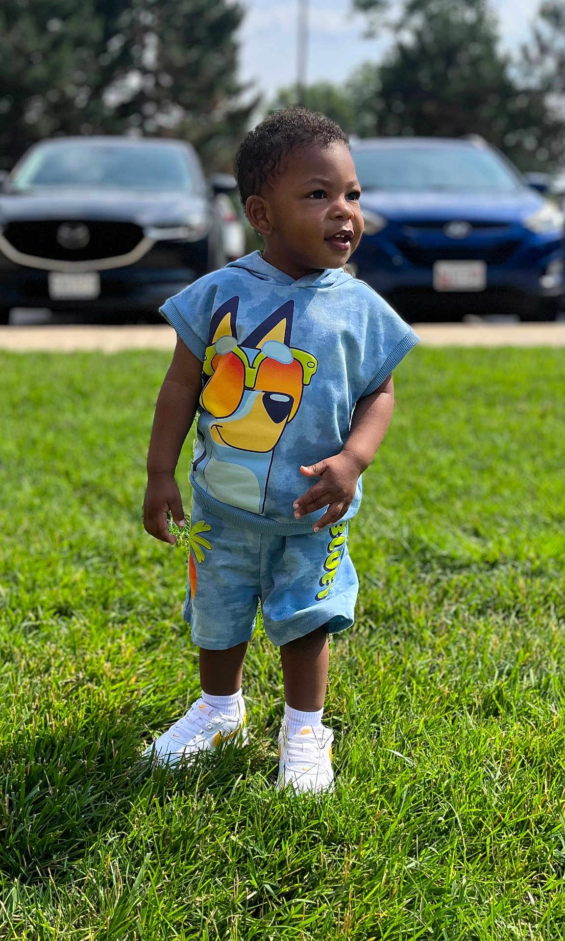 Cairo is registered to the contest to win money with this photo: toddler, child, grass, outdoor, daytime, casual_clothing, shorts, hoodie, sneakers, shoes, person, standing, smiling, cute, young_child, sunlight, parked_cars, background, greenery, happy