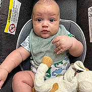 Joel is registered to the contest to win money with this photo: baby, infant, car_seat, plush_toy, bib, onesie, dinosaur_pattern, child, cute, soft_toy, indoor, portrait, face, chubby_cheeks, sitting, looking_at_camera, clothing, person, young_child, expression