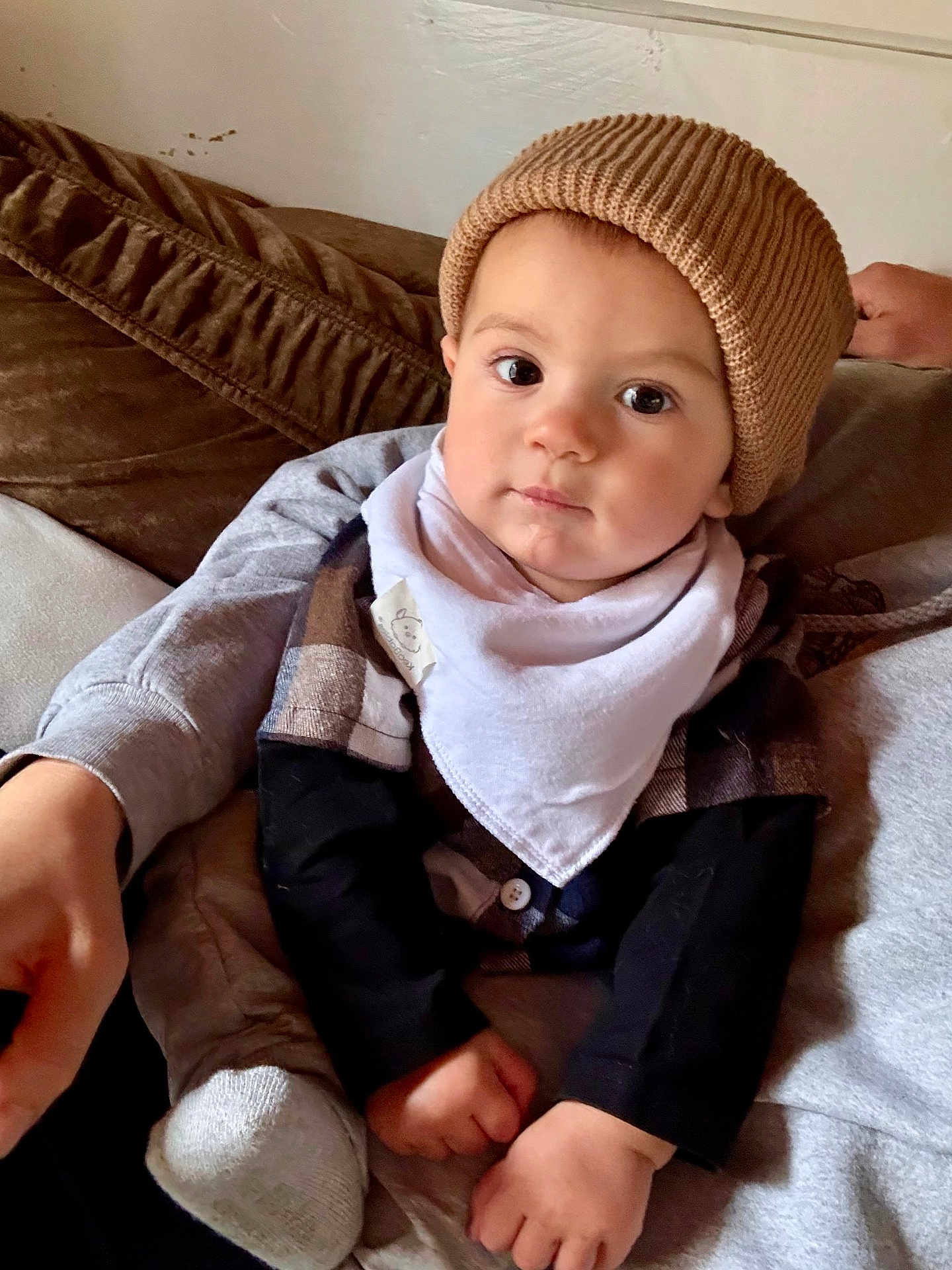 Frederick is registered to the contest to win money with this photo: baby, child, hat, knit_hat, bib, clothing, face, eyes, hand, couch, cushion, person, indoor, sitting, soft_furniture, warm_colors, casual, portrait, infant, cozy