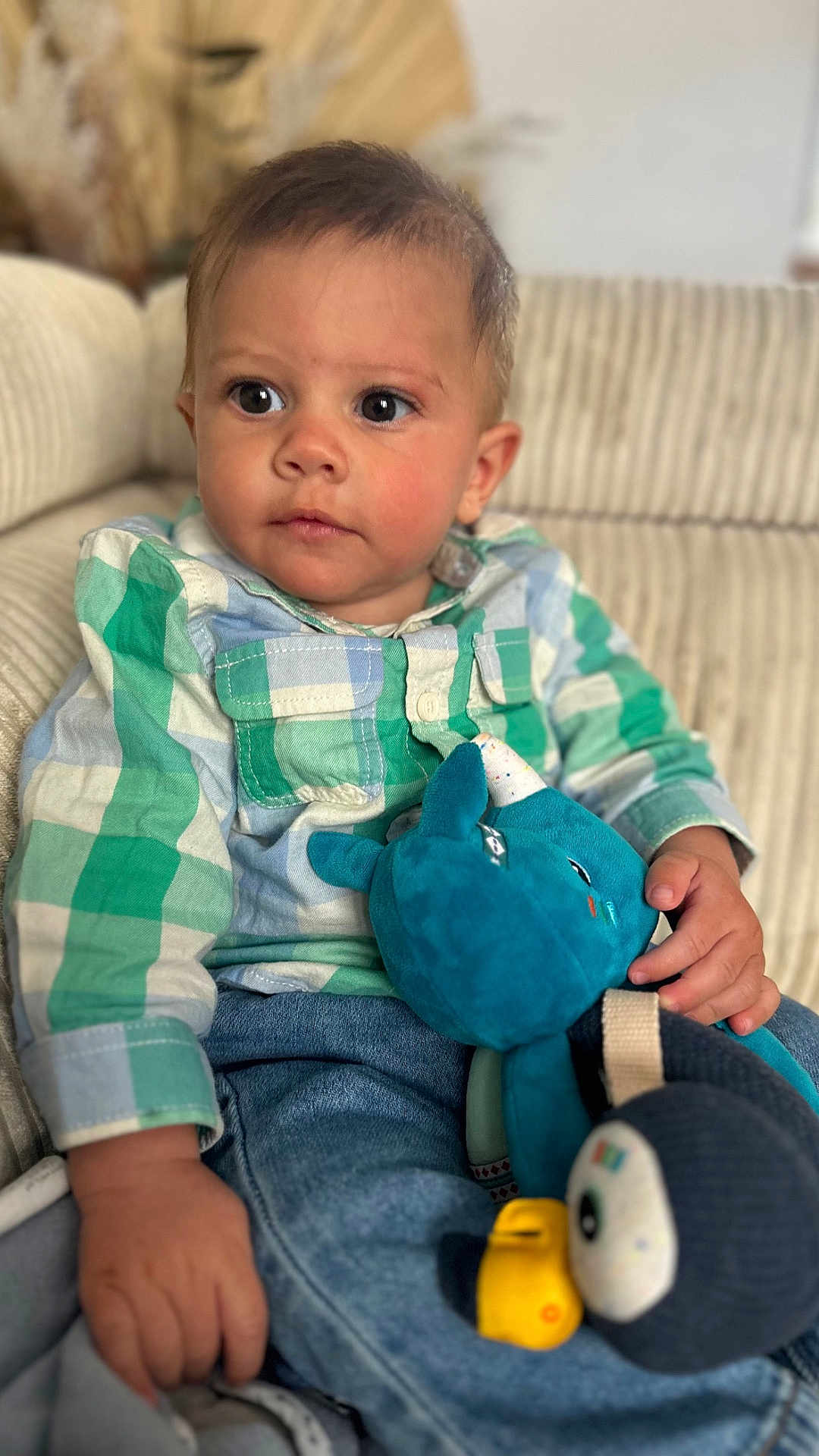 Basile a rejoint le concours — aidez-le/la à gagner de superbes lots ! toddler, child, plaid_shirt, jeans, couch, plush_toy, stuffed_animal, indoor, person, face, hand, seated, curious, soft_lighting, casual_clothing, home, comfort, portrait, young_child, expression