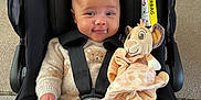 Gia is registered to the contest to win money with this photo: baby, beige_clothing, black_car_seat, car_seat, car_seat_harness, child, cute, drool, floor, happy, indoors, infant, knitwear, lion_toy, person, plush_toy, seatbelt, smiling, soft_toy, toddler
