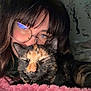 Cherry a rejoint le concours — aidez-le/la à gagner de superbes lots ! person, glasses, cat, tortoiseshell_cat, pet, cozy, blanket, bed, close_up, indoor, fur, whiskers, sleeping, reflection, bangs, hair, face, portrait, night, cuddling
