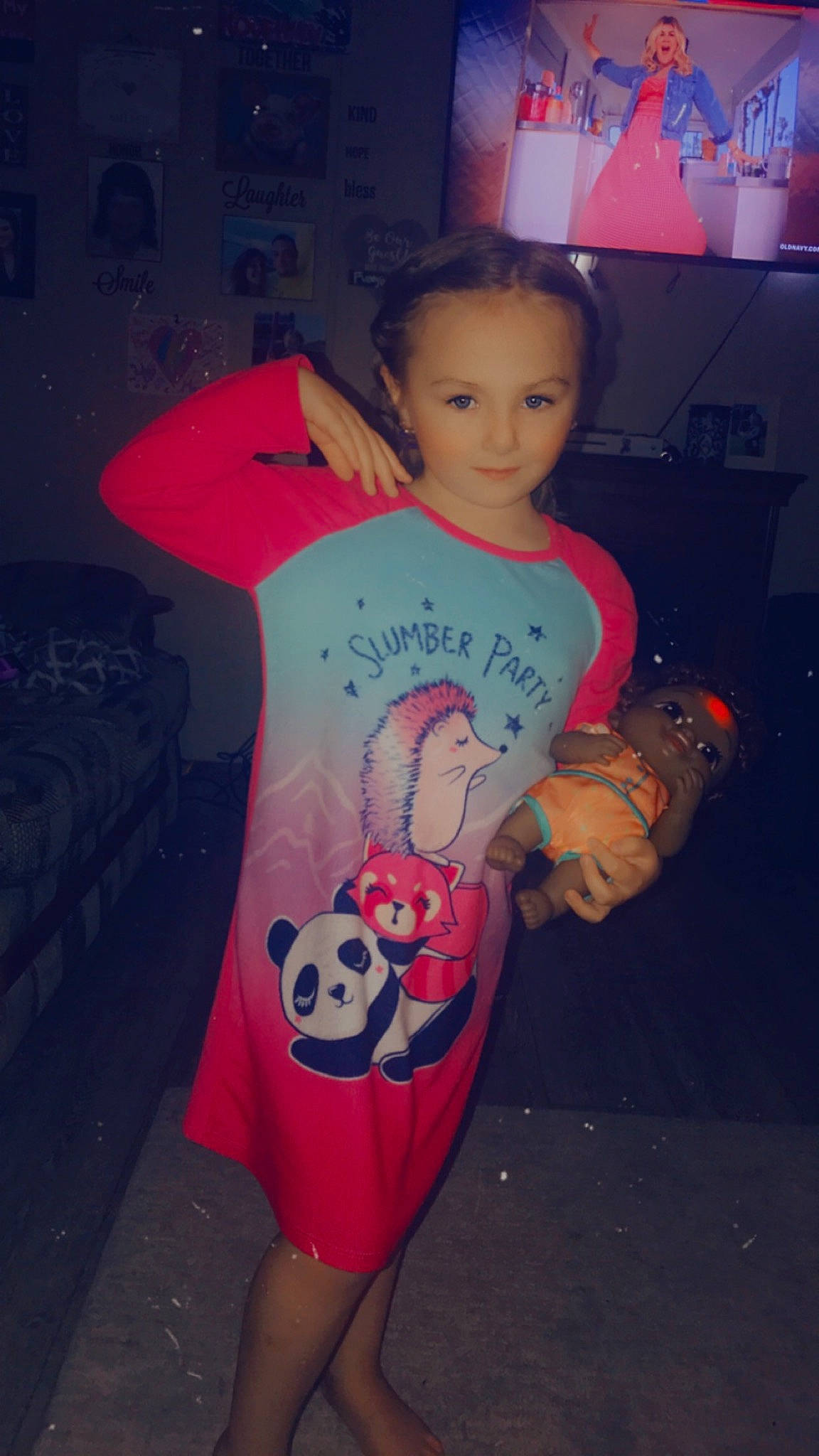 Kourtney is registered to the contest to win money with this photo: blurred, carmine, child, electric_blue, eye, fashion, flash_photography, fun, happy, human_leg, joy, lip, magenta, neck, pattern, person, pink, sleeve, t_shirt, thigh