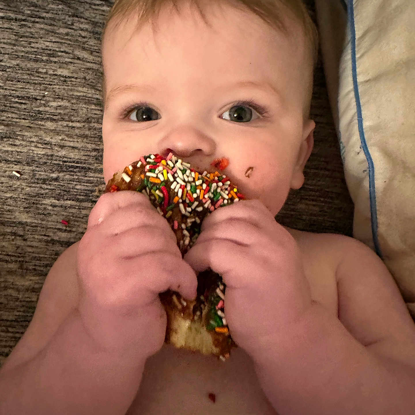 Hunter joined the competition — help win amazing prizes! baby, biting, bodypart, couch, cream, cutlery, dessert, eating, face, finger, food, hand, head, icecream, icing, person, photography, portrait, spoon, sweets