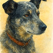 Ptitloup participe au concours pour gagner de l'argent avec cette photo : dog, painting, watercolor, portrait, animal, collar, brown, fur, ears, face, profile, art, illustration, background, yellow, expression, pet, canine, closeup, texture