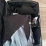cat, black_cat, suitcase, clothing, folded_clothes, curious, indoor, pet, fur, whiskers, eyes, hidden, floor, tile_floor, travel, packing, pet_hiding, domestic_animal, black_fur, playful