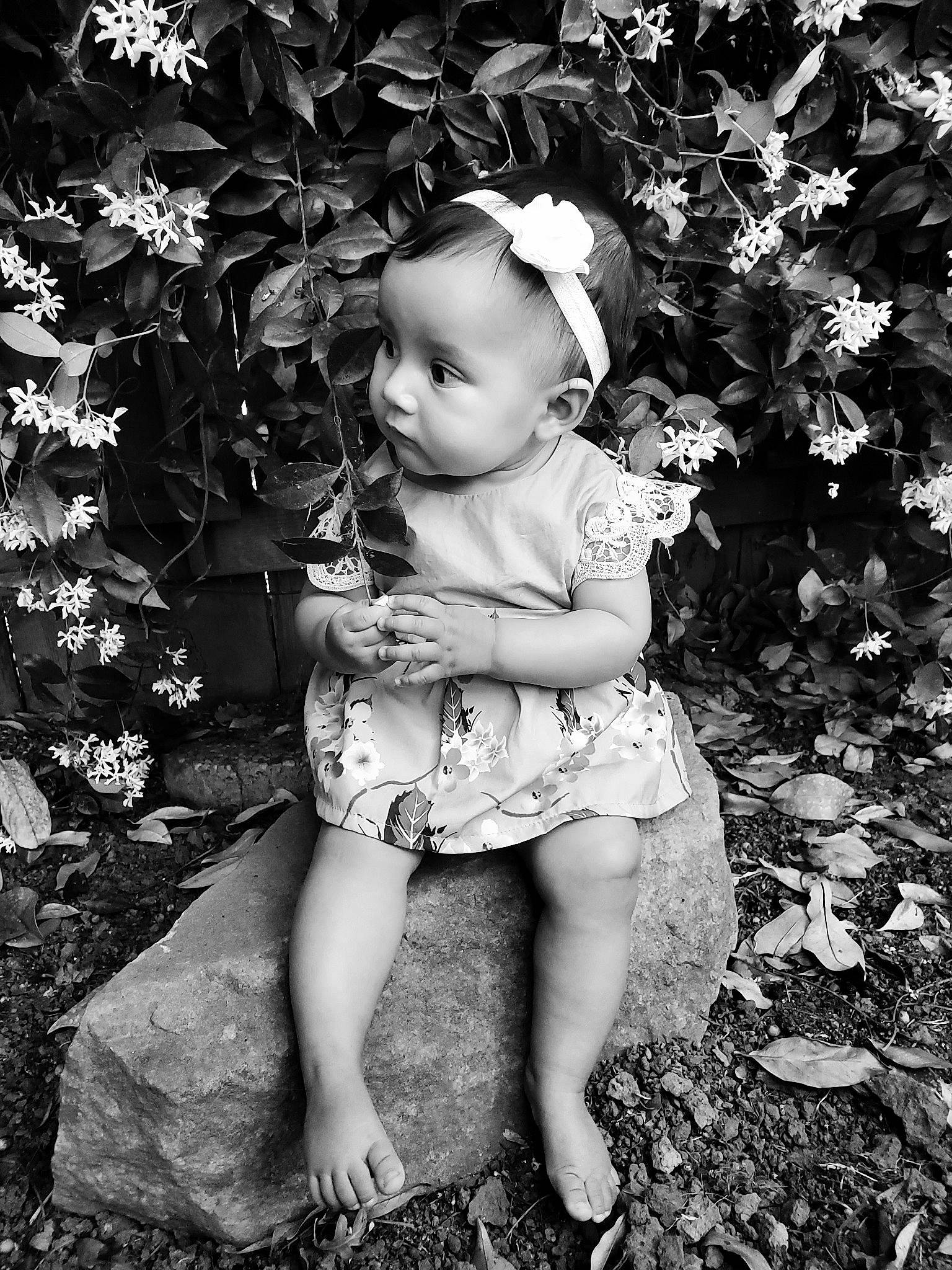 Naya joined the competition — help win amazing prizes! baby, baby_toddler_clothing, black, black_and_white, botany, dress, face, flash_photography, flower, grass, hairstyle, happy, leaf, monochrome_photography, nature, people_in_nature, person, photograph, plant, style