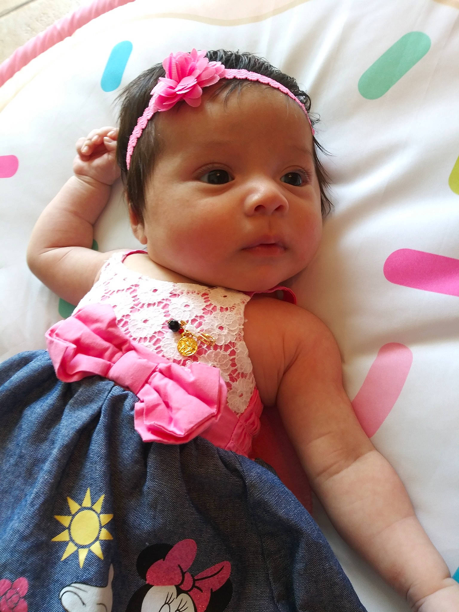 Skylar joined the competition — help win amazing prizes! baby, baby_products, baby_toddler_clothing, beauty, cheek, child, dress, fashion_accessory, hair_accessory, head, headband, headgear, person, pink, product, skin, textile, toddler