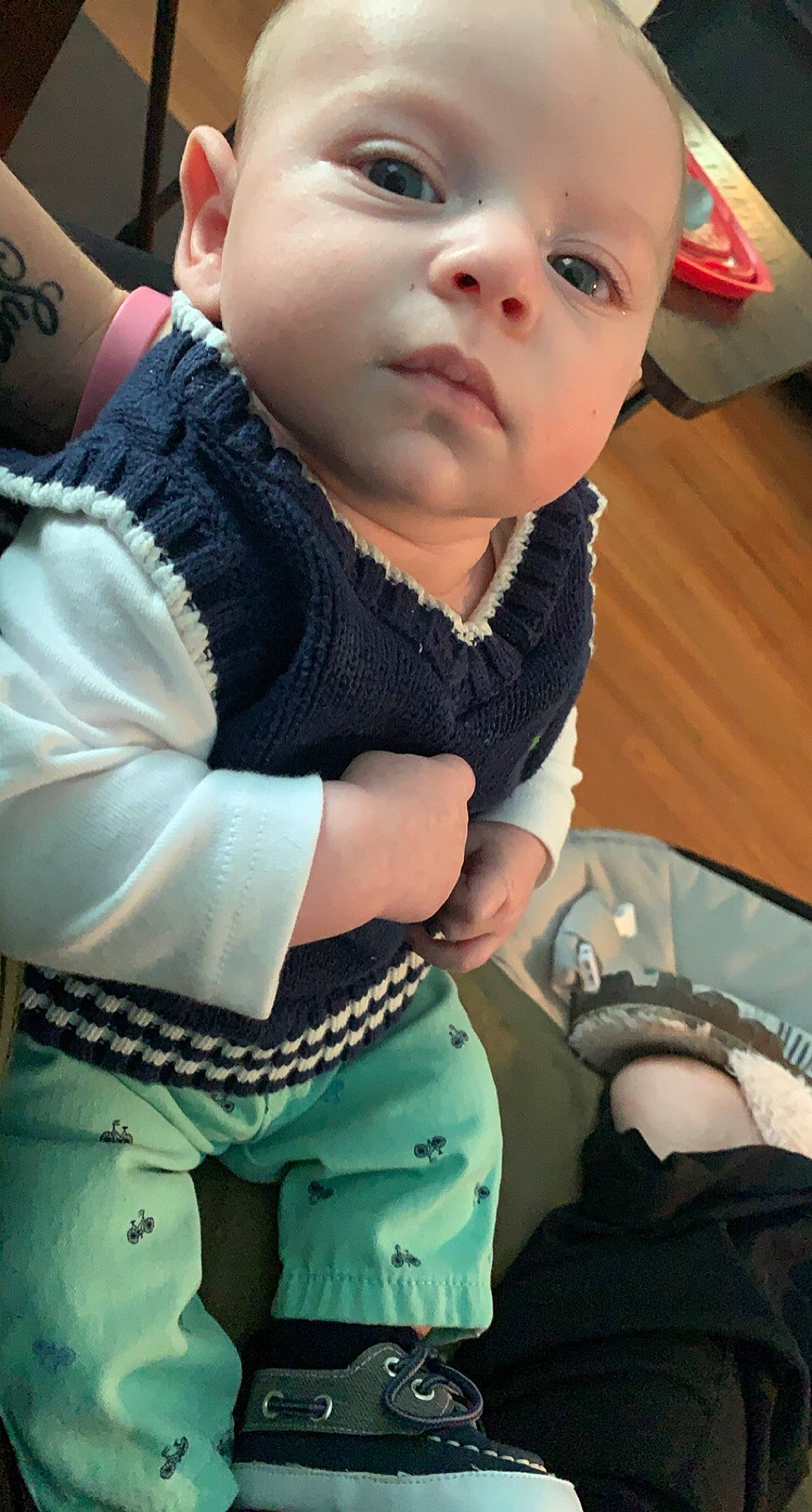 Bennett is registered to the contest to win money with this photo: abdomen, baby, baby_toddler_clothing, blue, cheek, chest, child, comfort, fun, gesture, happy, pattern, person, photograph, sitting, skin, sleeve, snapshot, thumb, toddler