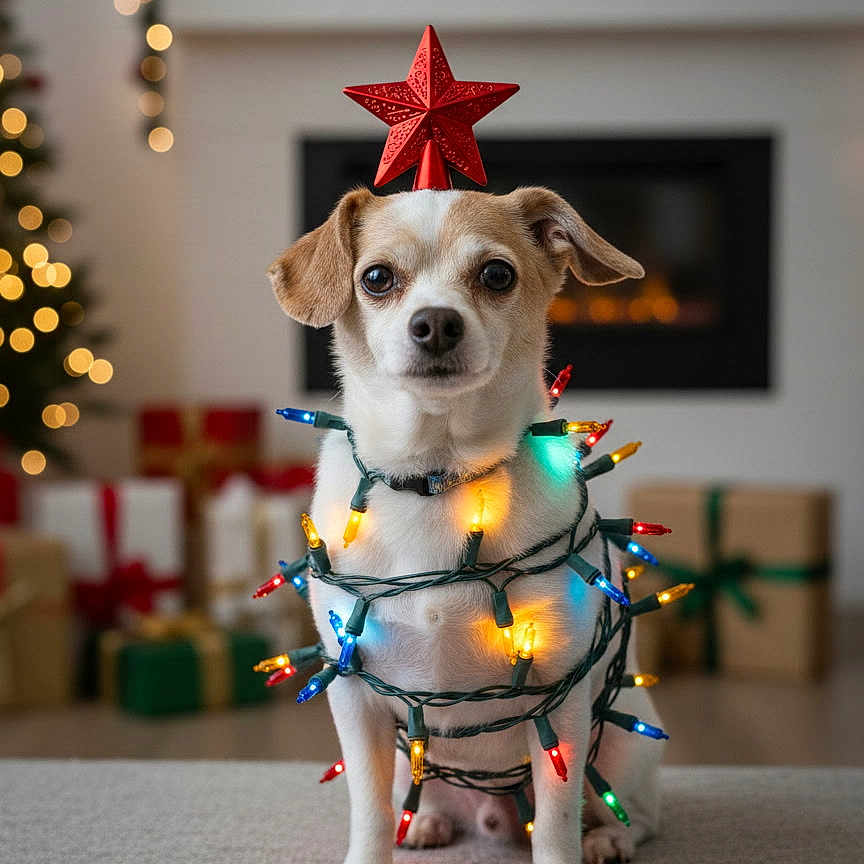 Bo joined the competition — help win amazing prizes! dog, christmas_lights, red_star, holiday, decorations, wrapped_presents, fireplace, bokeh, festive, indoor, pet, christmas_tree, lighting, cute, small_dog, christmas, holiday_season, decor, animal, celebration