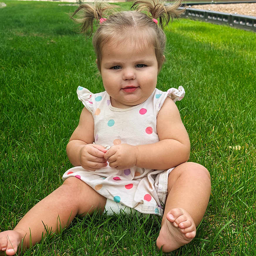 Lume' joined the competition — help win amazing prizes! barefoot, child, cute, daylight, dress, grass, greenery, house, nature, outdoor, pigtails, playful, polka_dot, portrait, sitting, smile, summer, toddler, yard, young_child