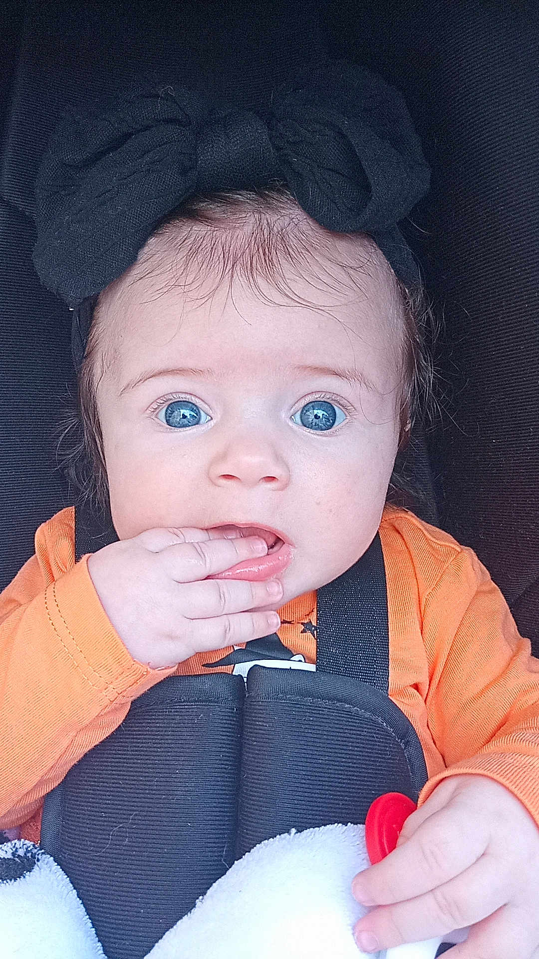 Yara participe au concours pour gagner de l'argent avec cette photo : baby, child, infant, blue_eyes, black_bow, orange_shirt, car_seat, blanket, pacifier, hand, fingers, closeup, cute, face, expression, young, portrait, indoors, clothing, seatbelt