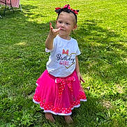 Sophia joined the competition — help win amazing prizes! child, birthday_girl, tutu, pink, headband, bow, grass, outdoor, barefoot, pose, celebration, cute, young_child, summer, greenery, happy, party, tshirt, nature, person