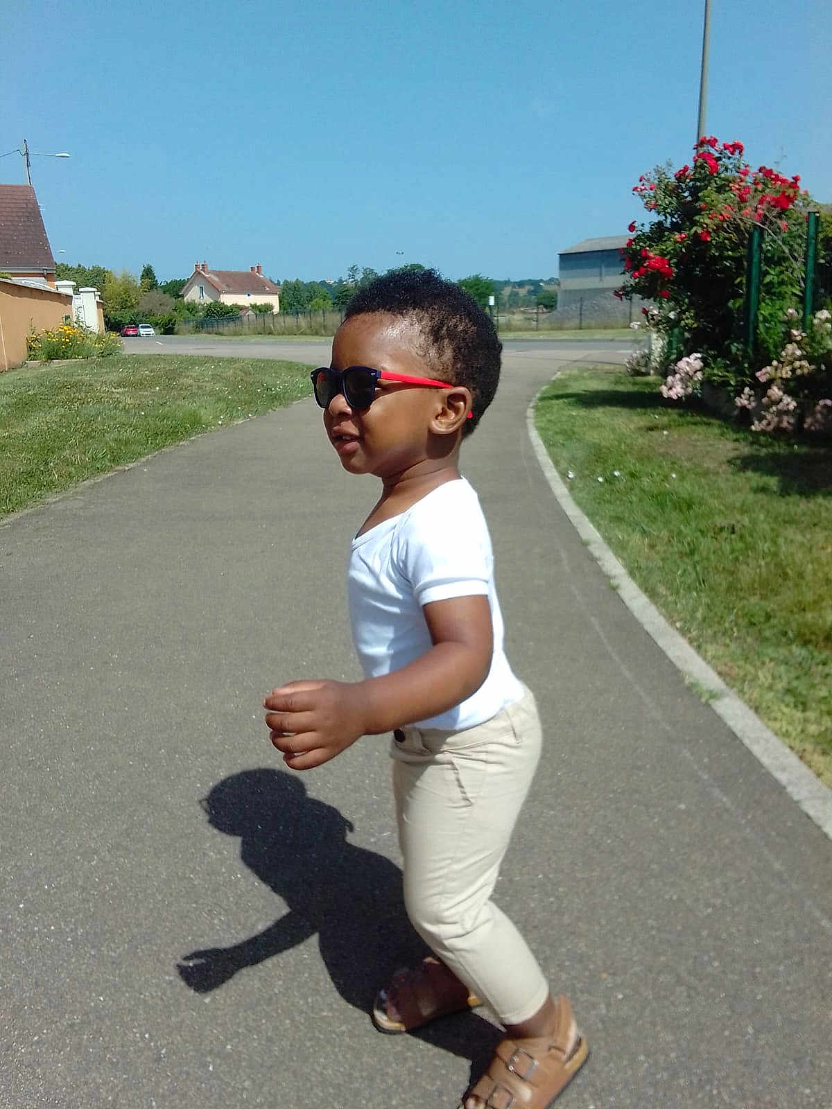 Vincent Uriel participe au concours pour gagner de l'argent avec cette photo : beige_pants, child, cute, flowers, grass, outdoor, path, pavement, profile, residential_area, sandals, shadow, sidewalk, sky, smile, sunglasses, sunny, toddler, walking, white_shirt