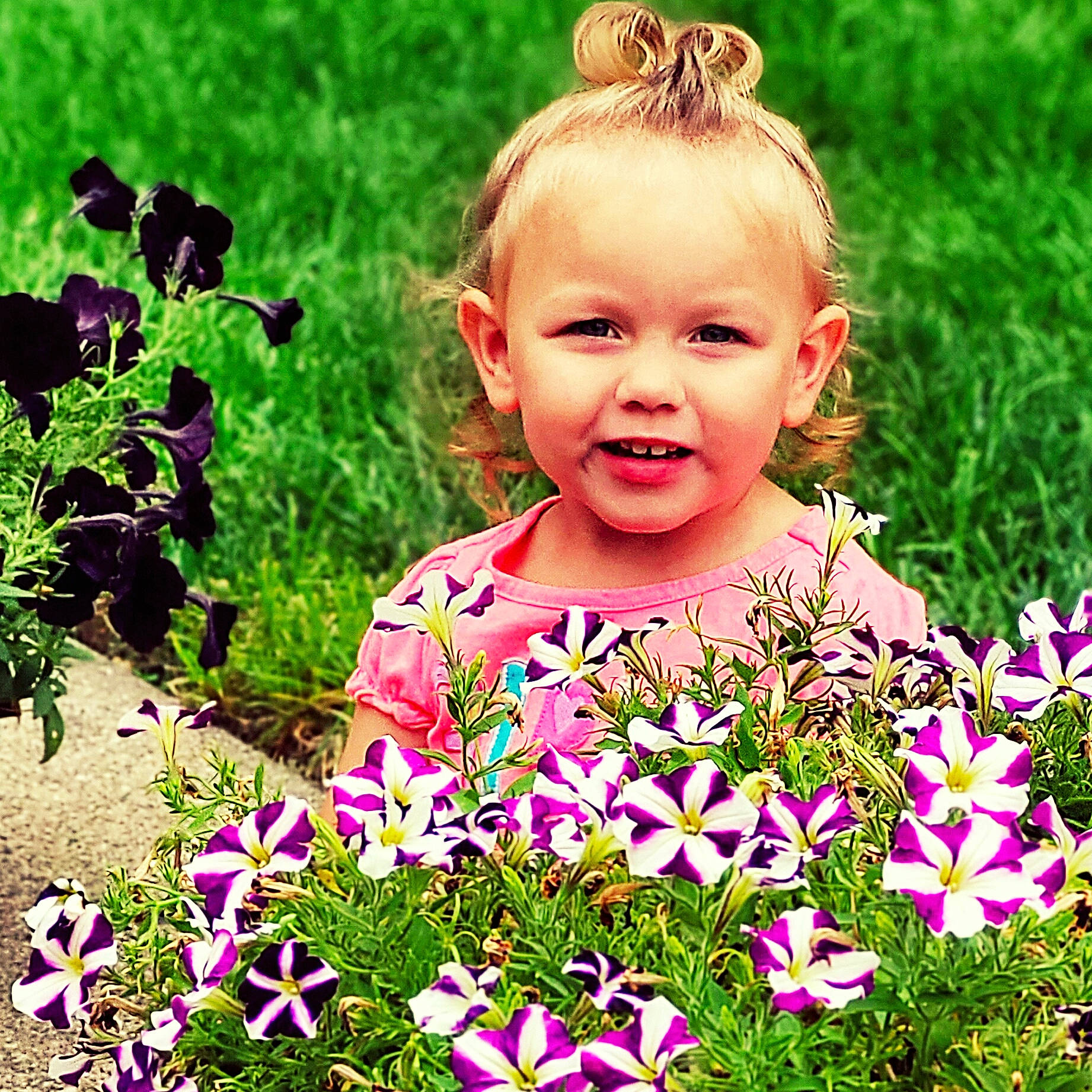 Novalee joined the competition — help win amazing prizes! baby_toddler_clothing, botany, flower, flowering_plant, grass, green, groundcover, happy, iris, joy, leaf, magenta, meadow, people_in_nature, person, petal, pink, plant, smile, summer