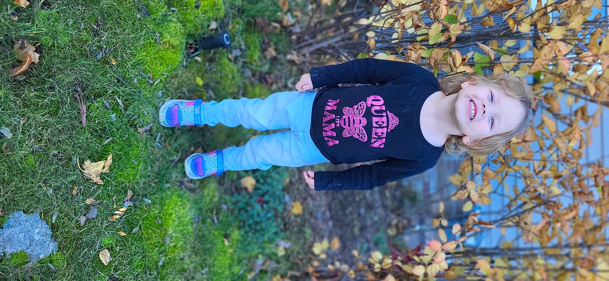 Novalee is registered to the contest to win money with this photo: child, electric_blue, fun, glove, grass, happy, hat, joy, leisure, magenta, pattern, people_in_nature, person, pink, plant, sleeve, soil, t_shirt, toddler, tree