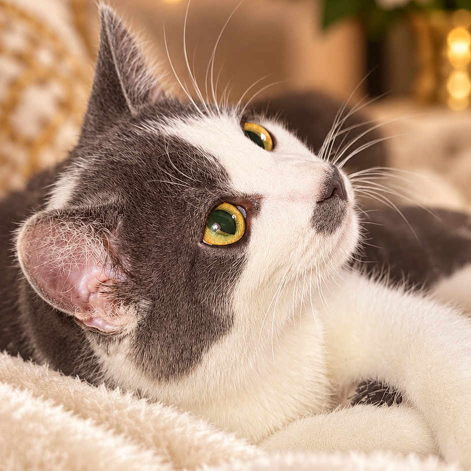 Charlie is registered to the contest to win money with this photo: cat, feline, gray_and_white, pet, animal, portrait, close_up, lying_down, blanket, cozy, indoors, home, flowers, bouquet, warm_lighting, bokeh, whiskers, green_eyes, relaxed, photography