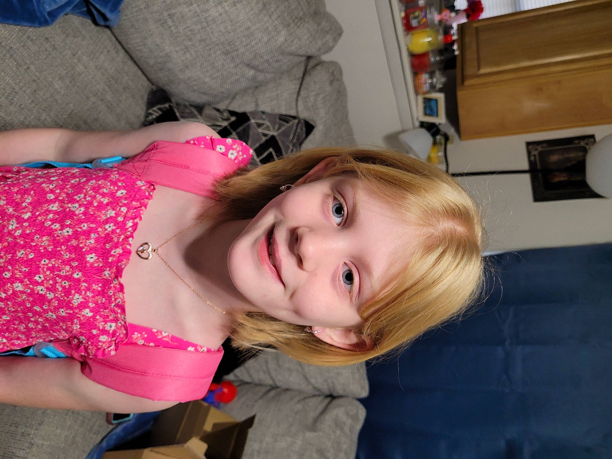 Cadence joined the competition — help win amazing prizes! baby_toddler_clothing, blond, brown_hair, cheek, child, comfort, fun, happy, human_leg, joy, magenta, pattern, person, shoulder, sitting, skin, sleeve, smile, thigh, toddler