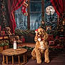 dog, christmas, holiday, santa_hat, milk, cookies, table, presents, teddy_bear, stocking, garland, window, snow, moon, curtains, wooden_floor, decorations, festive, indoors, pet