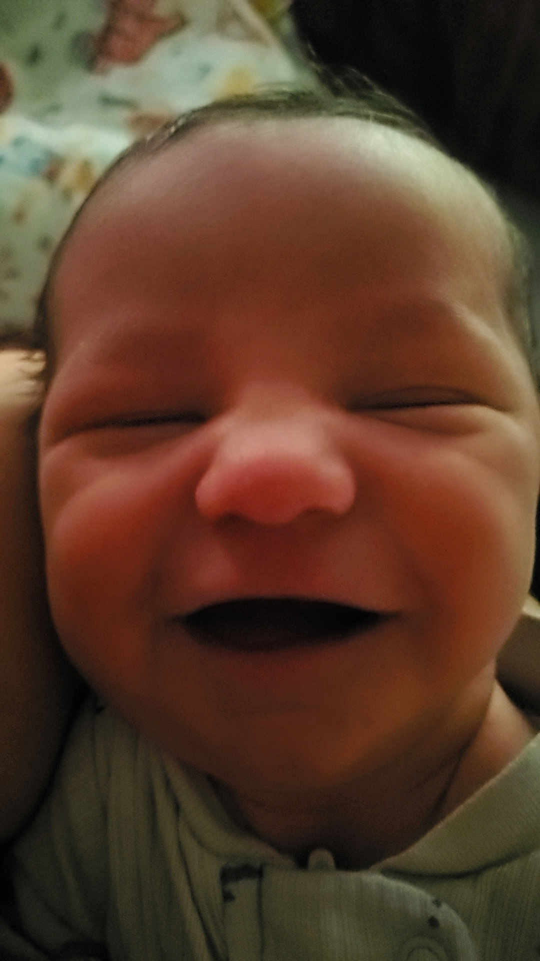 Harper joined the competition — help win amazing prizes! baby, newborn, smiling, face, closeup, infant, child, person, cute, happy, skin, head, clothing, portrait, young, joy, expression, sleepy, indoors, warm