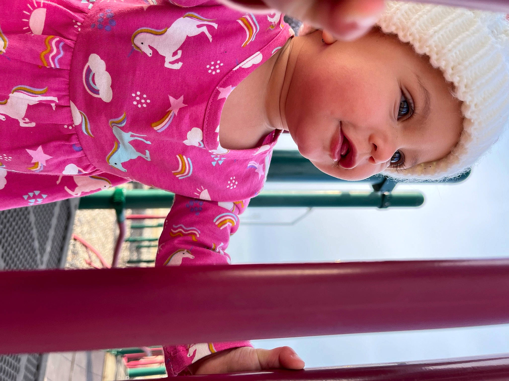 Jaylynn joined the competition — help win amazing prizes! baby, baby_products, baby_toddler_clothing, child, eyelash, fun, headwear, leisure, magenta, pattern, person, pink, recreation, red, sitting, sleeve, textile, toddler, white