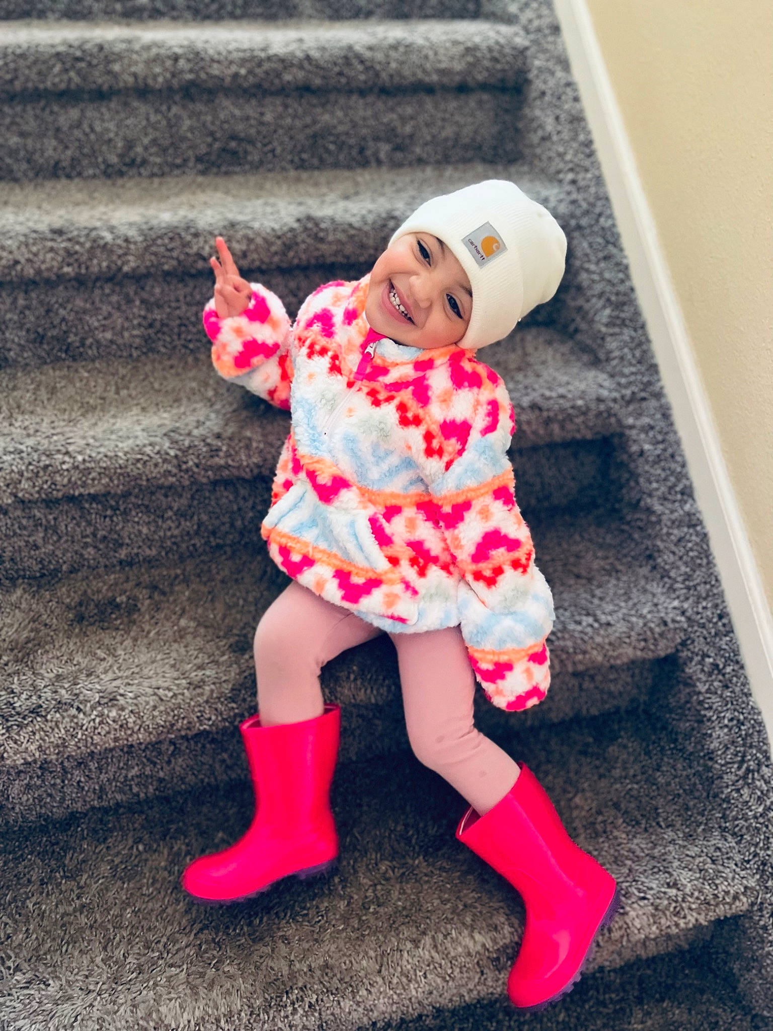 Selena joined the competition — help win amazing prizes! baby_toddler_clothing, dress, eye, face, hair, happy, hat, head, headwear, human_body, human_leg, joy, knee, magenta, outerwear, pattern, person, pink, sleeve, smile