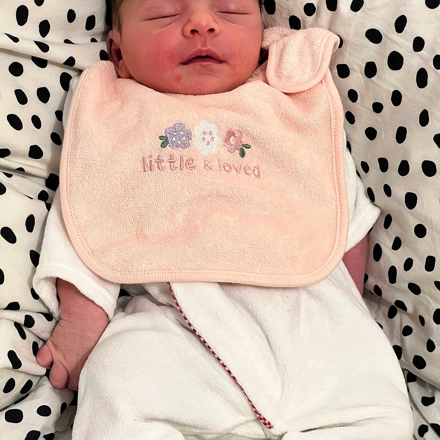 Elisa a rejoint le concours — aidez-le/la à gagner de superbes lots ! newborn, baby, sleeping, bib, pink, white_clothing, polka_dot, cushion, infant, cute, soft_texture, resting, peaceful, portrait, child, small_hands, indoors, cozy, fabric, toddler